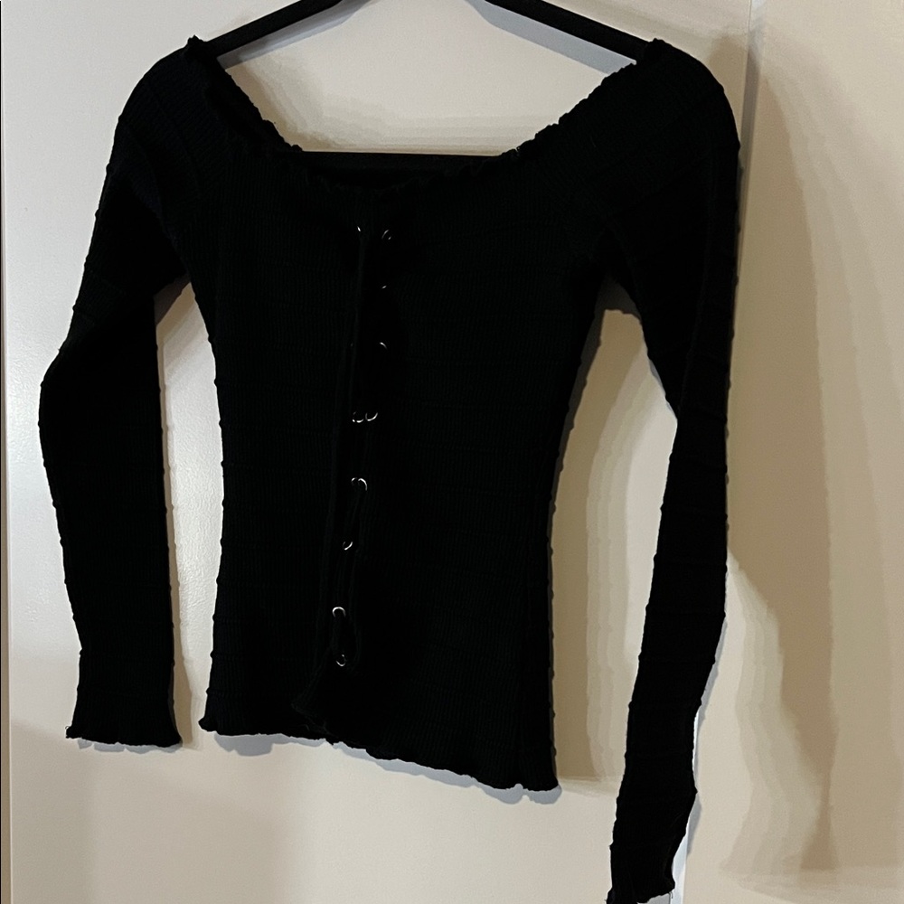 Chic Black Lace-Up Long Sleeve Top